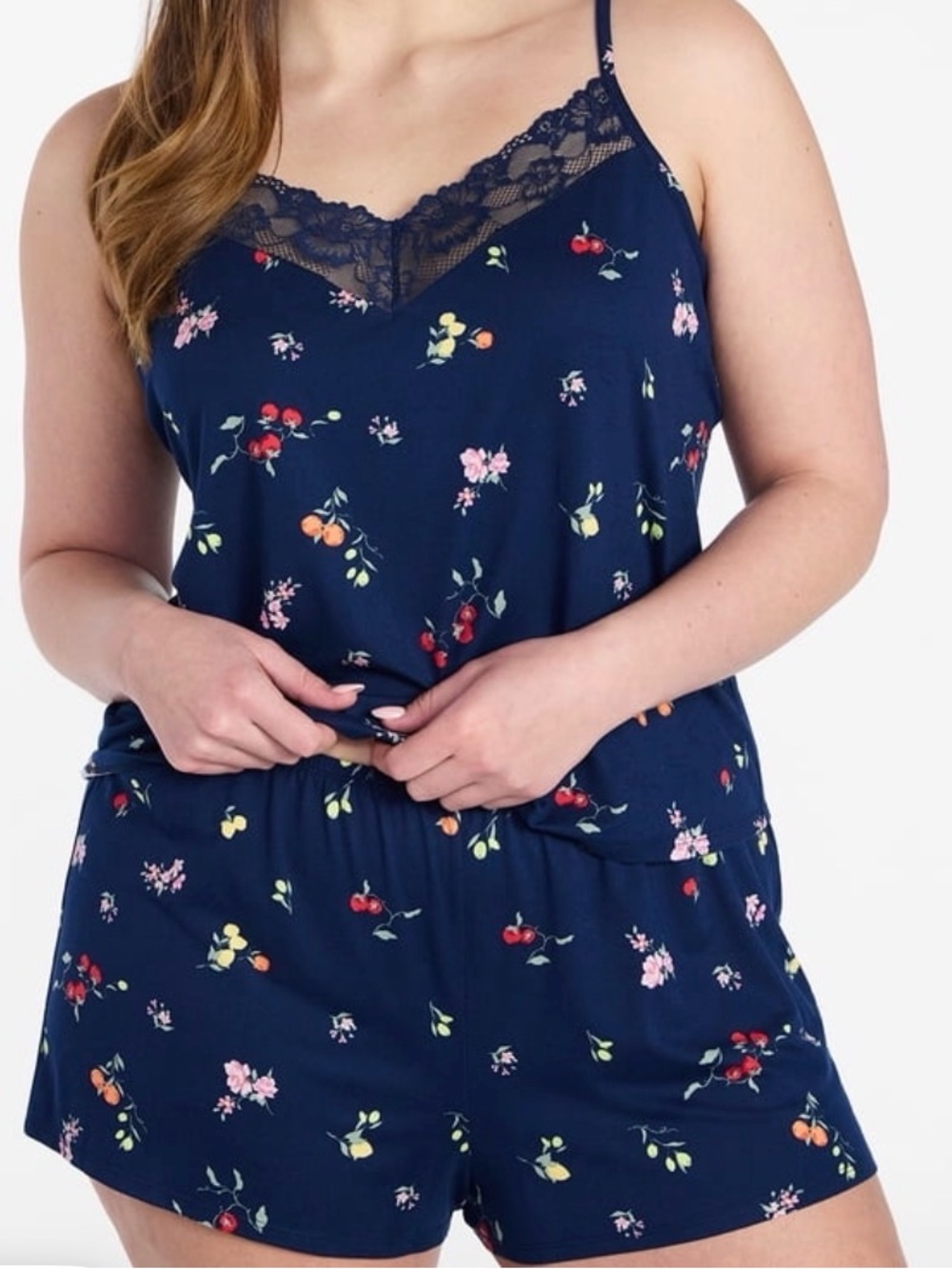 Navy Floral Lace-Trim Cami & Short Pajama Set